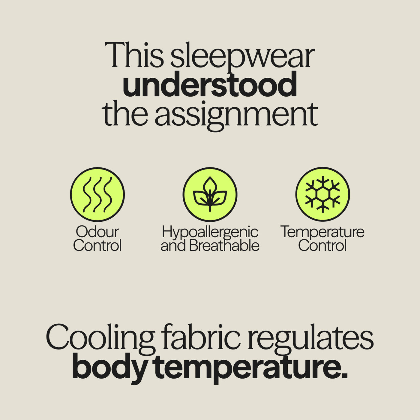 WUKA sleepwear benefits graphic with icons for odour control, breathability, and temperature regulation – designed for menopause.