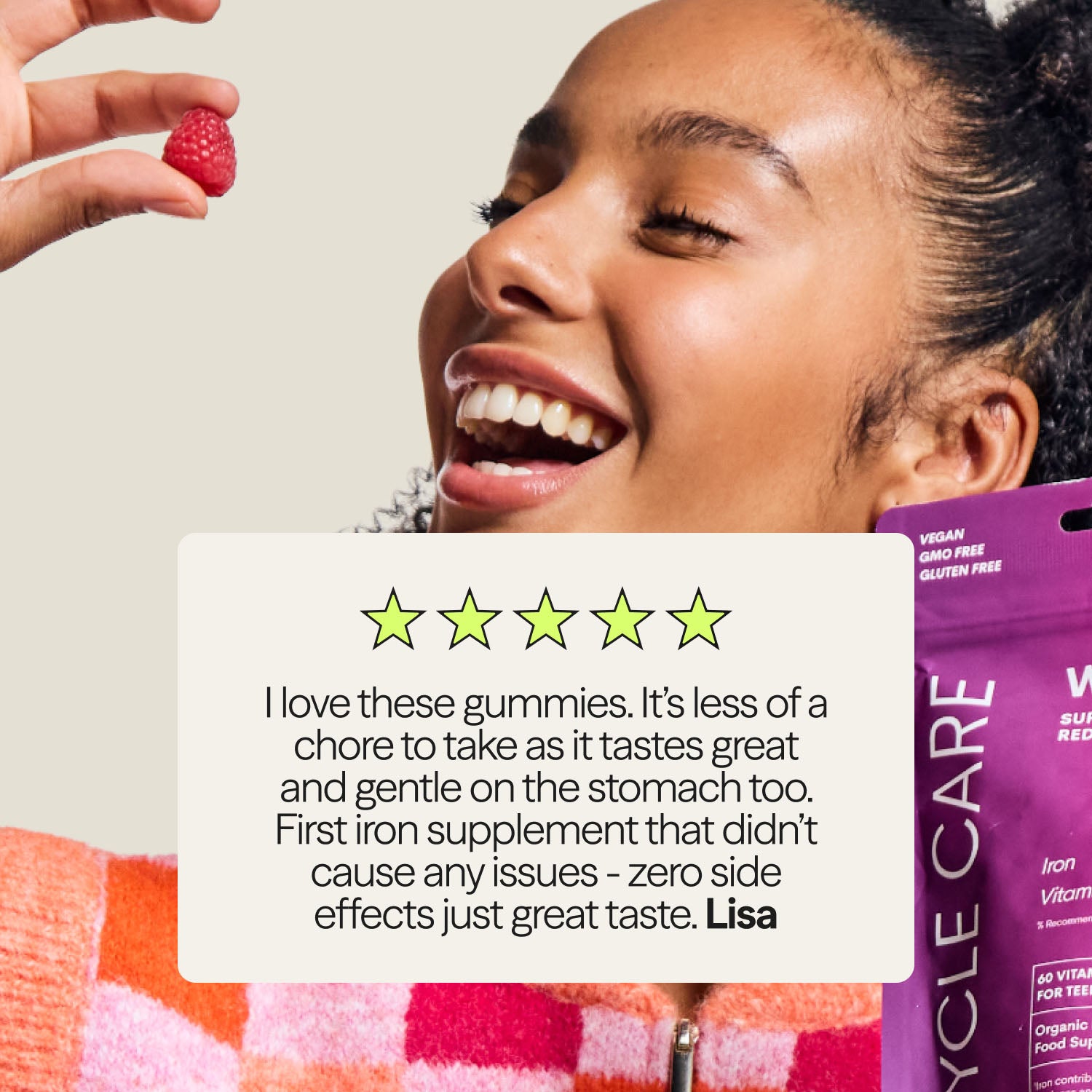 Teen enjoying WUKA Iron Gummies with a 5-star review highlighting taste, gentle formula, and effective iron support with no side effects.