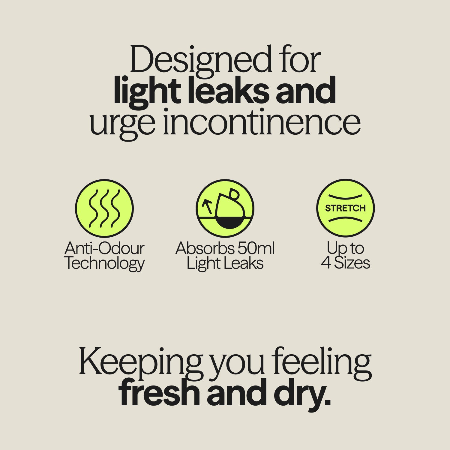 Graphic highlighting key benefits of the Drytech™ High Waist Brief, including odour control, light leak absorption up to 50ml, and stretch fit for up to 4 sizes.