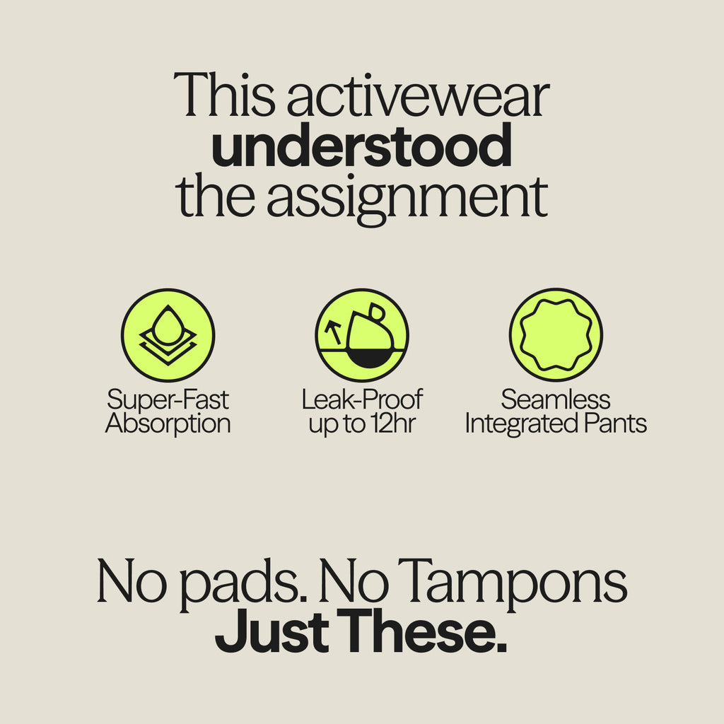 Infographic for WUKA Period Sports Shorts: Super-Fast Absorption, Leak-Proof for up to 12 hours, and Seamless Integrated Pants – No Pads, No Tampons, Just These.