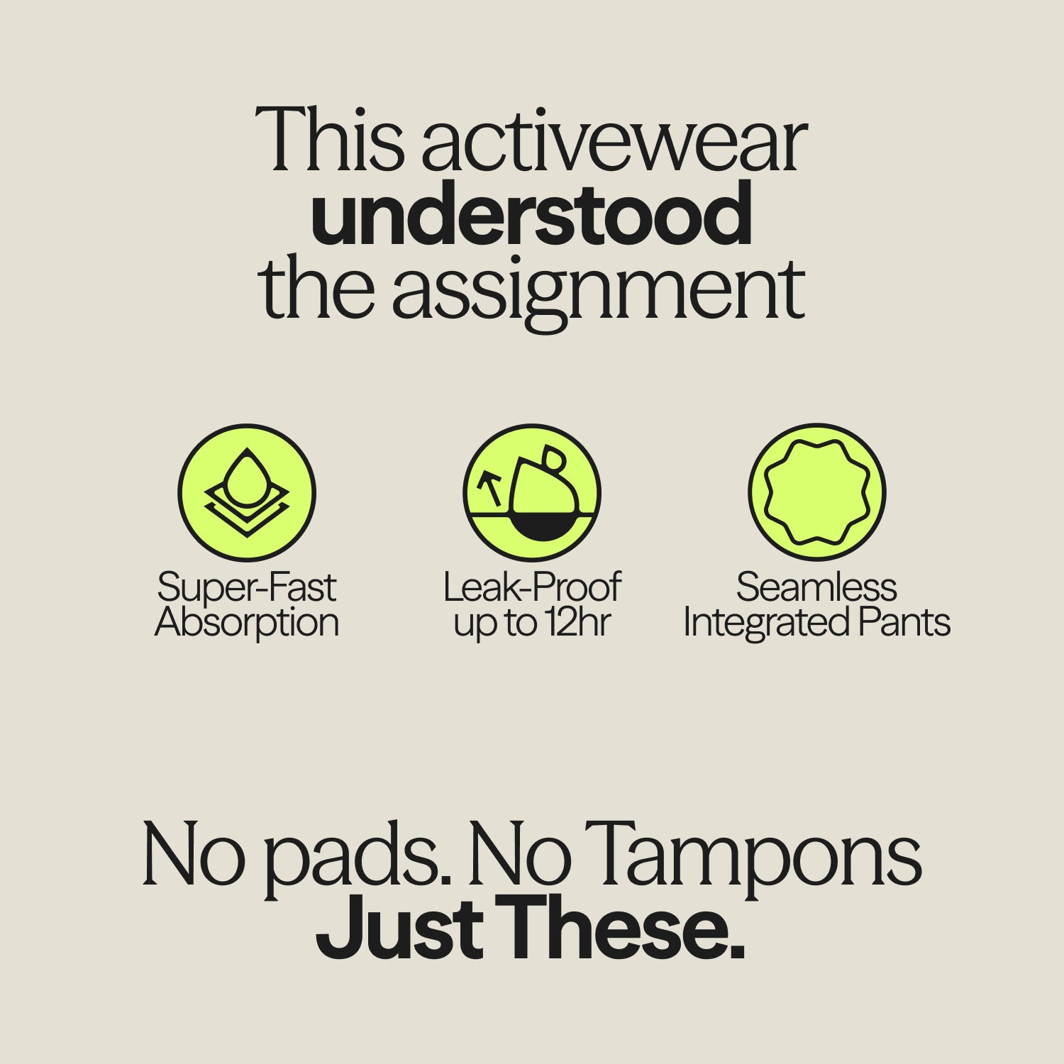 Infographic for WUKA Period Sports Shorts: Super-Fast Absorption, Leak-Proof for up to 12 hours, and Seamless Integrated Pants – No Pads, No Tampons, Just These.