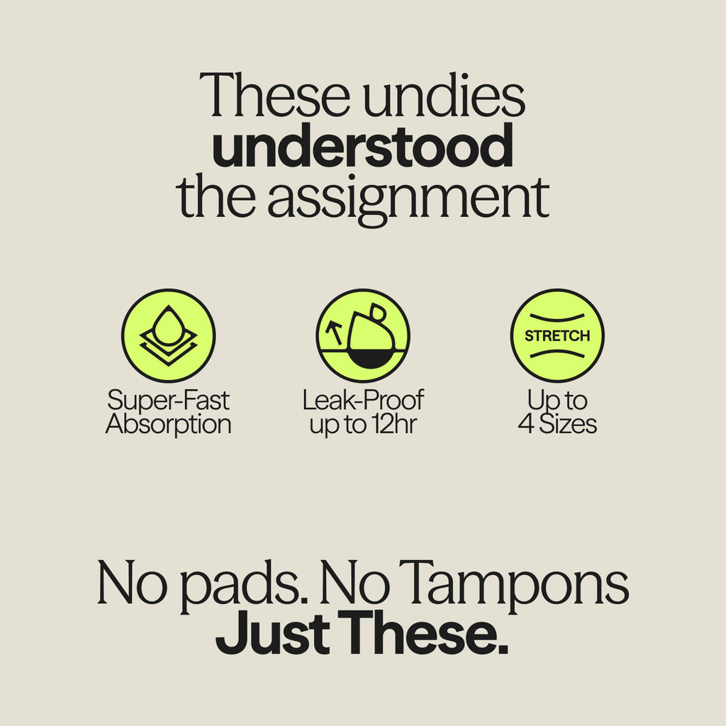 Informational graphic listing features of WUKA Seamless Midi Brief – super-fast absorption, 12-hour leak-proof protection, and stretch fit for four sizes.