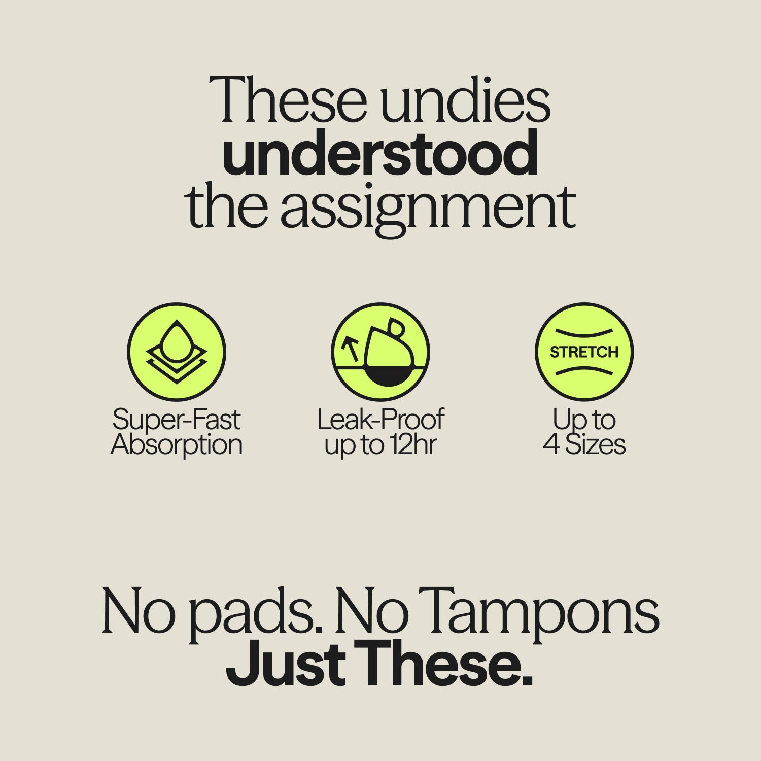 Informational graphic listing features of WUKA Seamless Midi Brief – super-fast absorption, 12-hour leak-proof protection, and stretch fit for four sizes.