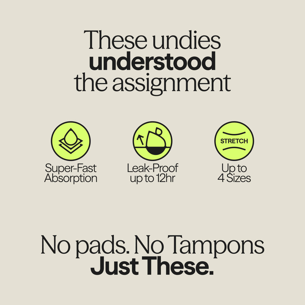 Infographic highlighting features of WUKA Stretch Midi Briefs for super heavy flow: super-fast absorption, 12-hour leak-proof protection, and flexible fit across up to 4 sizes. No pads. No tampons. Just these.