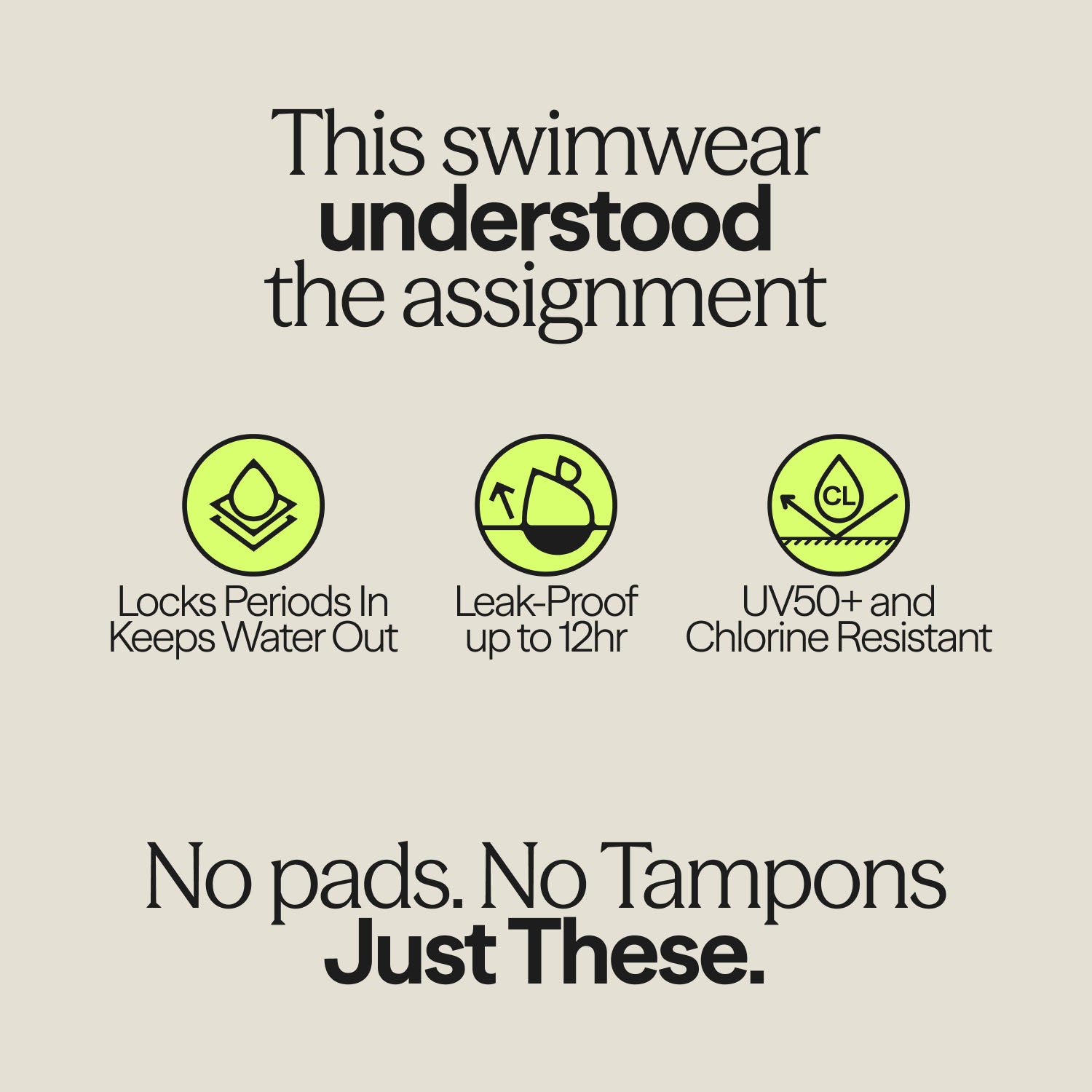 Informational graphic showing WUKA Swim High Waist features: 12-hour leak protection, chlorine resistance, and UV50+ fabric.