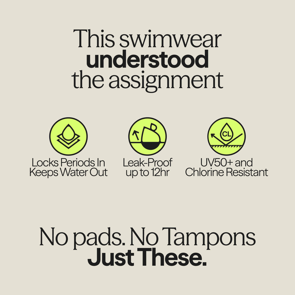 WUKA period swimwear product features – leak-proof up to 12 hours, locks periods in, UV50+ and chlorine resistant.