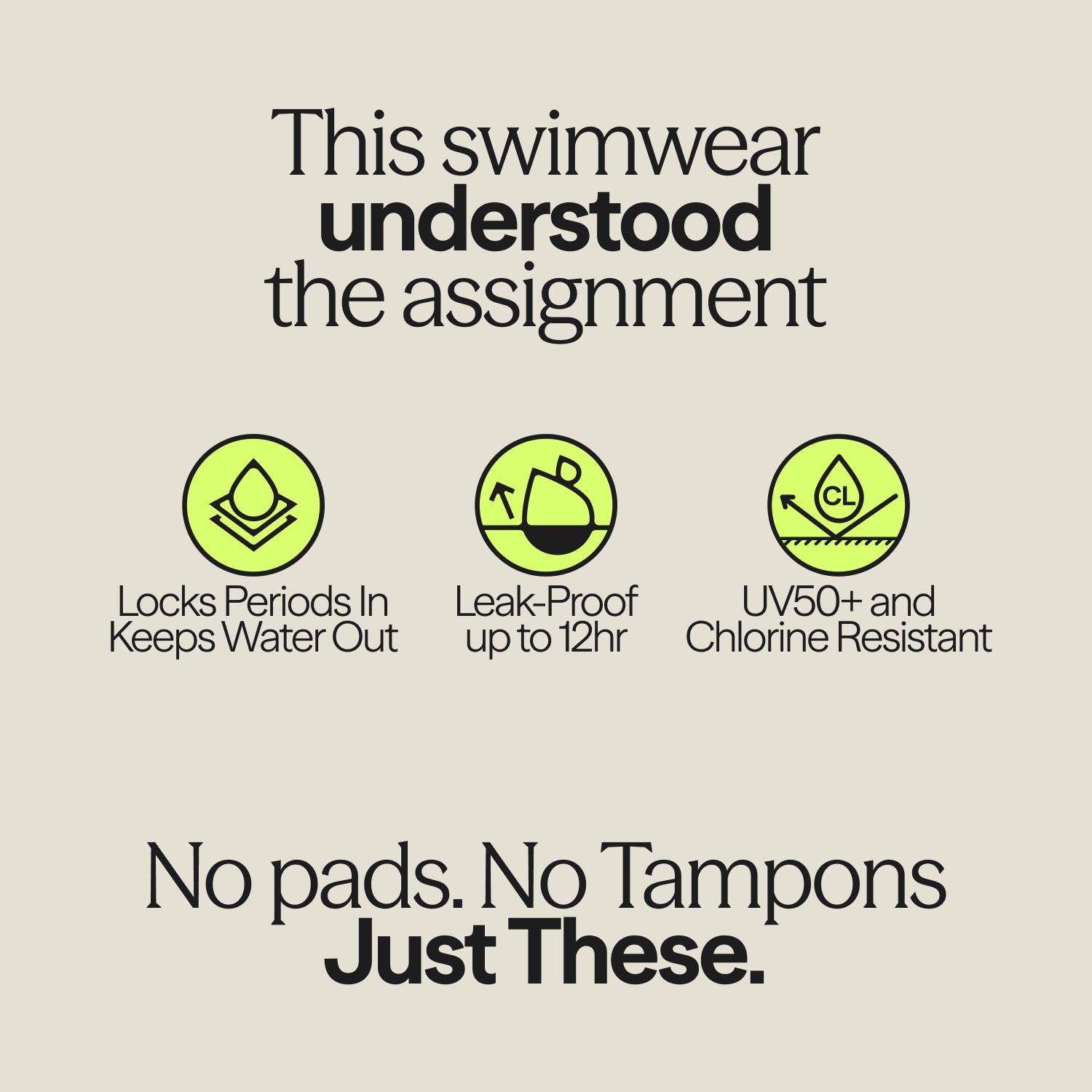 WUKA period swimwear product features – leak-proof up to 12 hours, locks periods in, UV50+ and chlorine resistant.