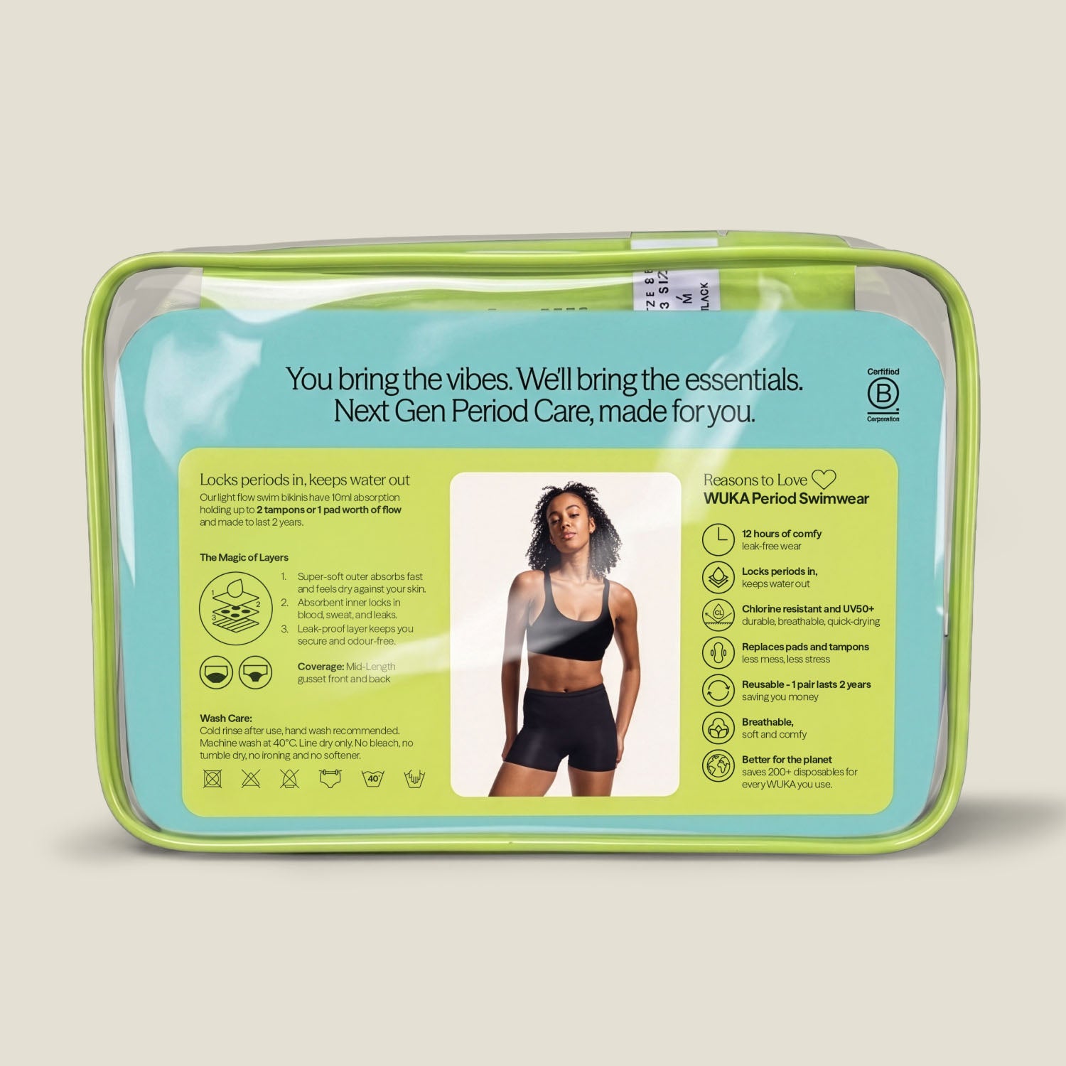 Period care product packaging with a woman's image and text on a beige background