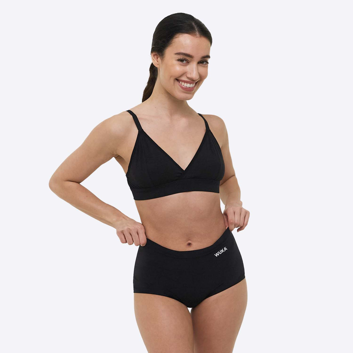 WUKA Stretch Period Short Adult Style Heavy Absorbency Black Colour Three Quarter Front Size 1