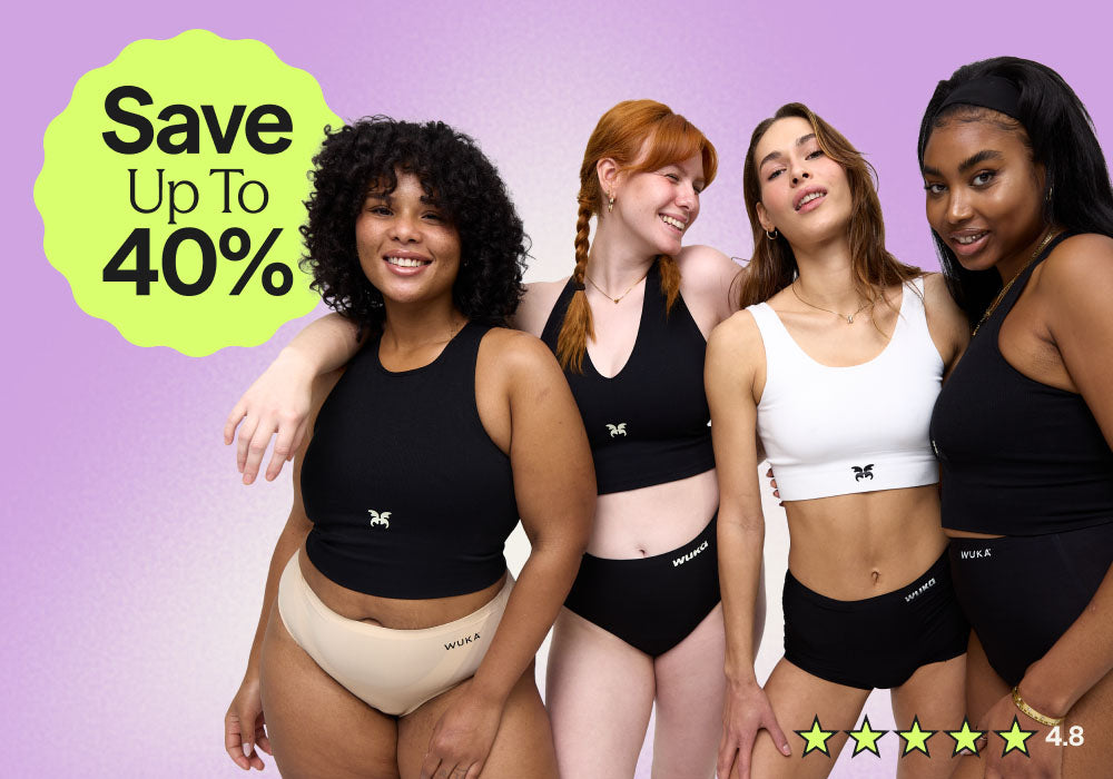 Four women smiling wearing our award-winning period underwear. Up to 40% off Black Friday now extended until Dec 4, 2025