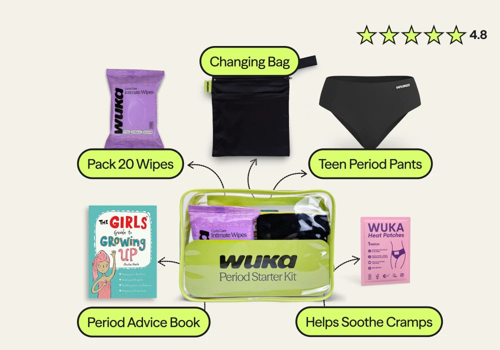 Wuka period starter kit with changing bag, wipes, period pants, advice book, and heat patches on a white background.