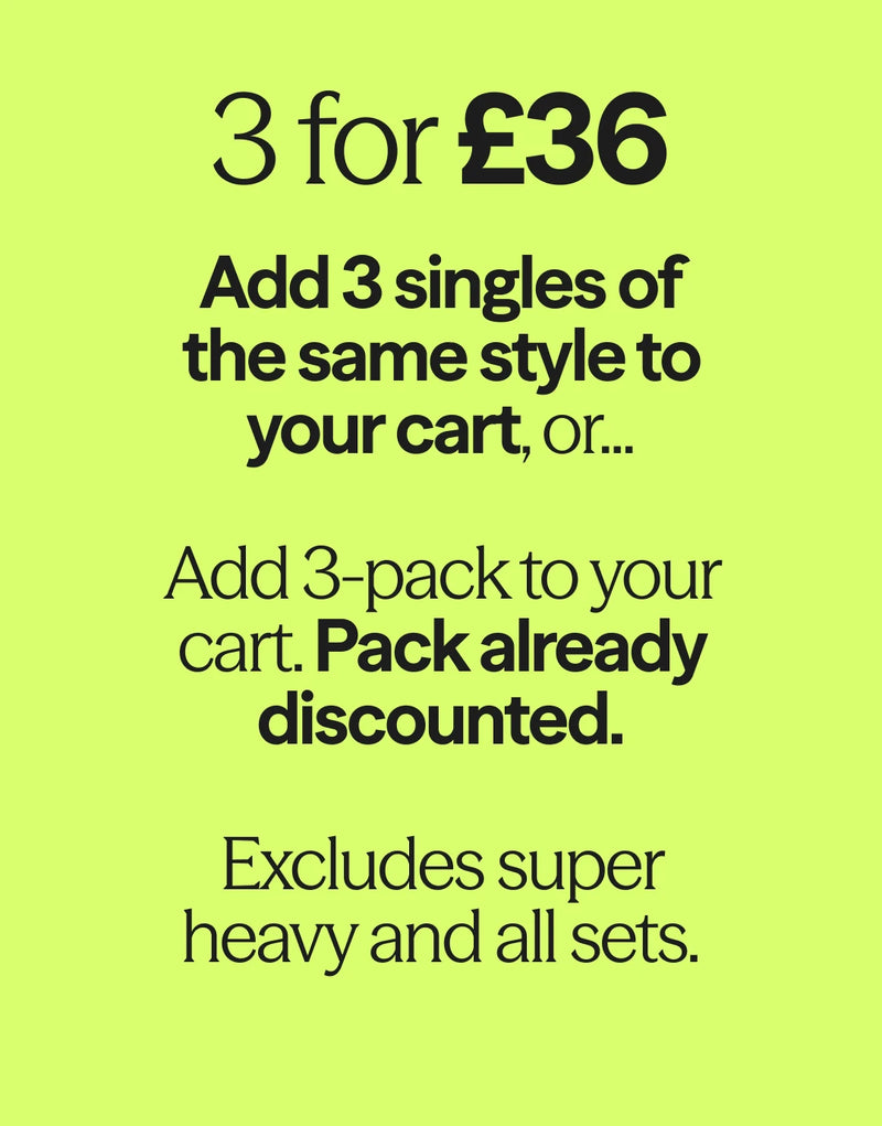 A lime green promotional graphic with black text reading '3 for £36', 'Add 3-pack size to cart. Pack already discounted.