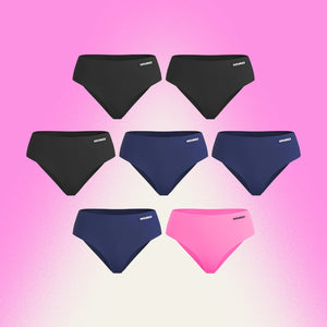 WUKA Teen Stretch™ period pants 7-pack set for girls and teens. Seamless, multi-size reusable period underwear in black, navy, and pinkest pink. Their complete cycle sorted - designed for school and sports with heavy-flow leak-proof protection and a no-VPL finish