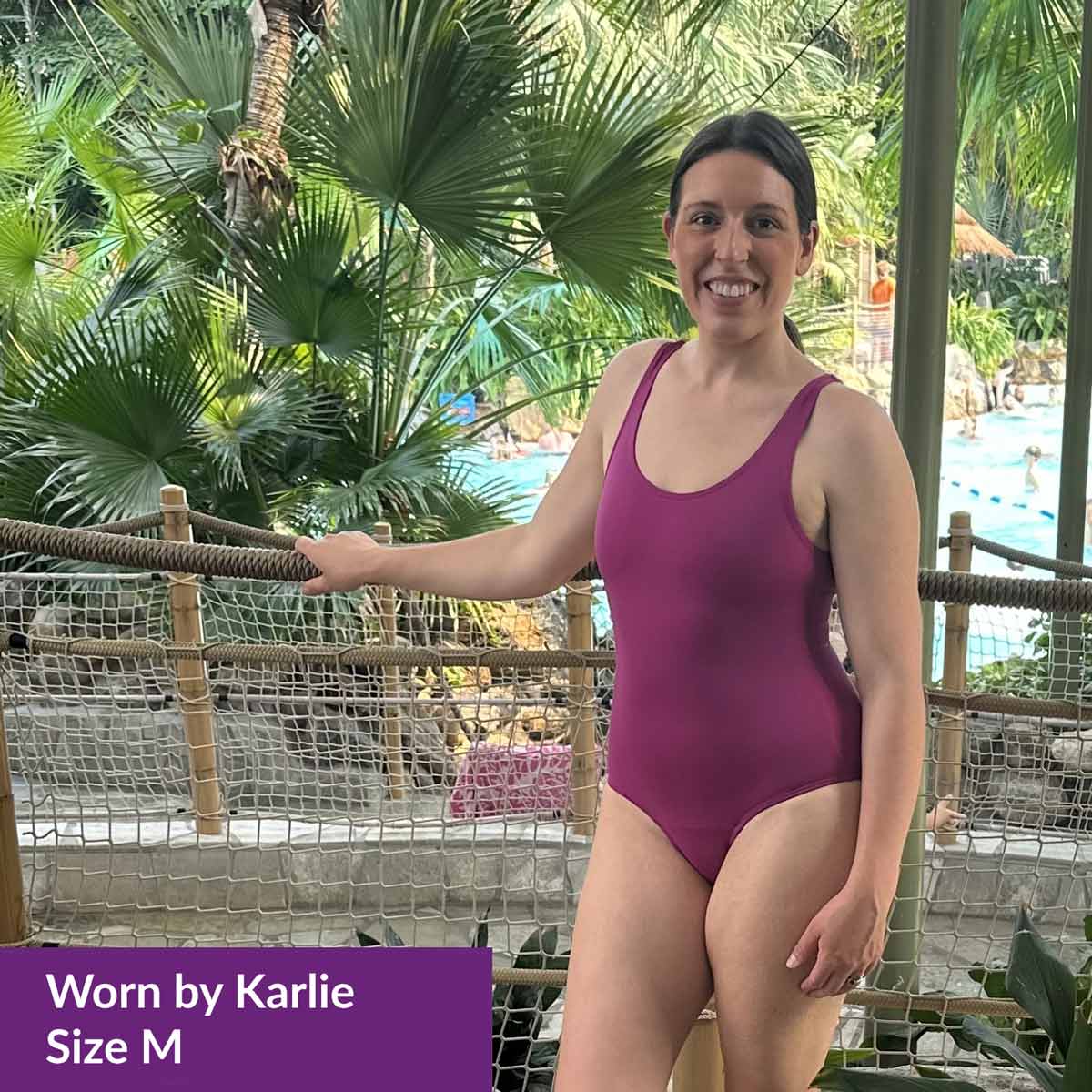WUKA Period Scoopback Swimsuit Style Medium Flow Pink Colour UGC Model